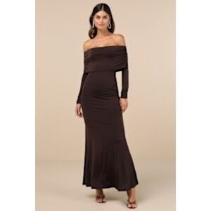 Lulus Women Effortlessly Stunning Off-The-Shoulder Maxi Dress Dark Brown Large